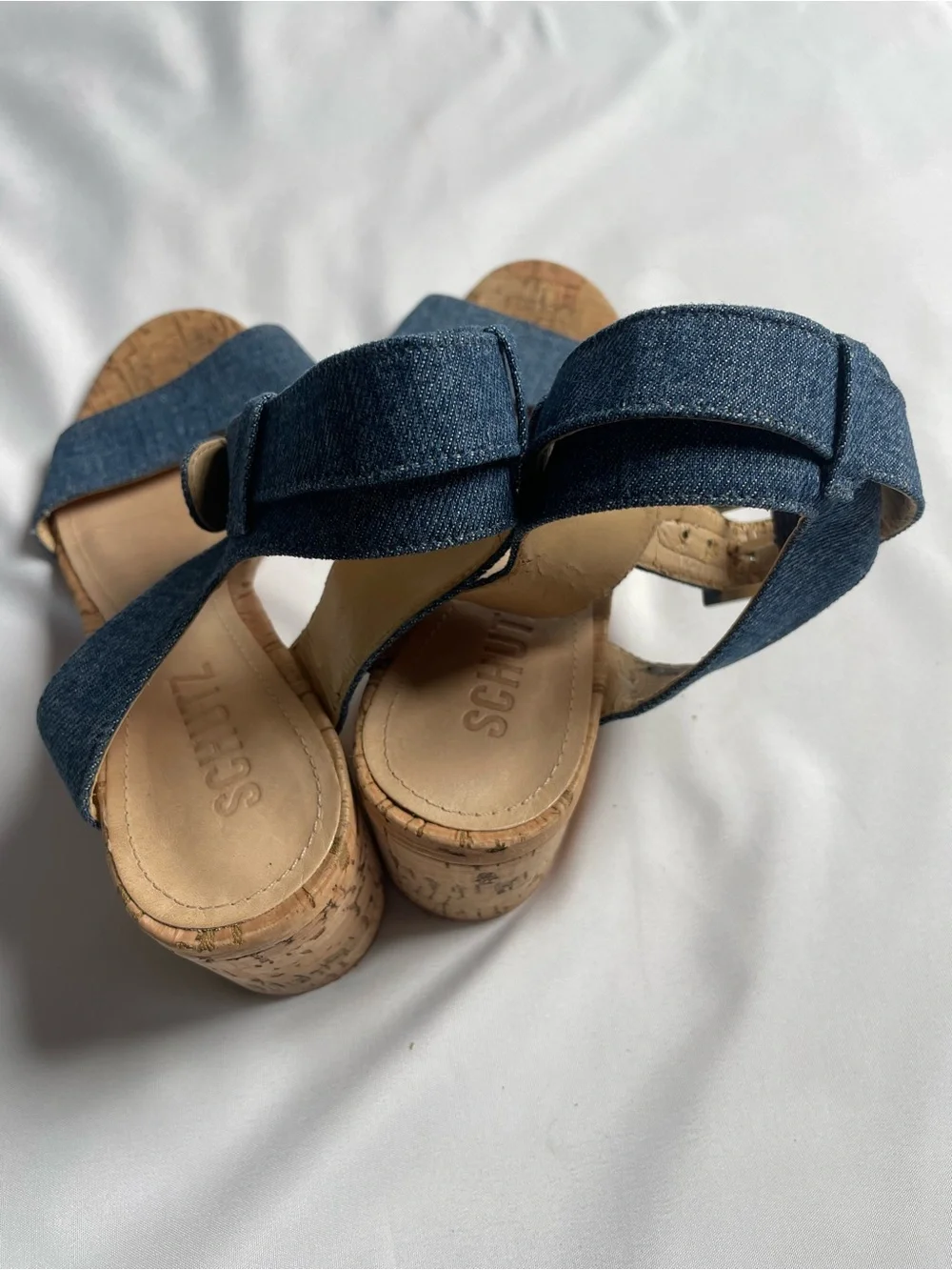 SCHUTZ Denim Cork Wedge Sandals - Dark Blue